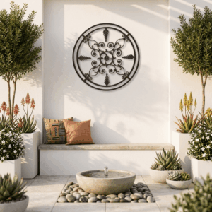 Boho garden patio with wrought iron wall decor South Africa