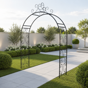 Elegance in a serene garden walk with a black wrought iron garden arch