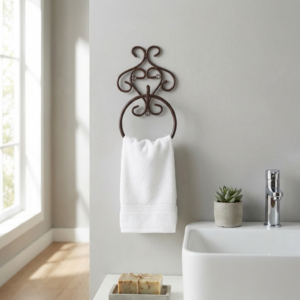 Functional wrought iron hand towel ring.