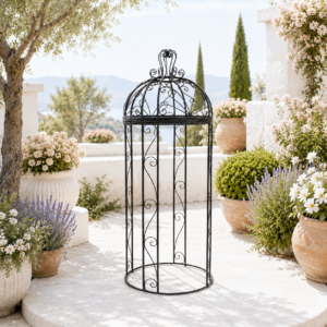 Handmade wrought iron pergola in serene mediterranean terrace.