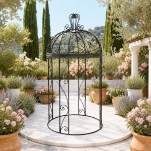 Mediterranean garden with handmade wrought-iron gazebo