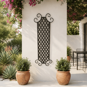 Mediterranean garden with wrought-iron trellis