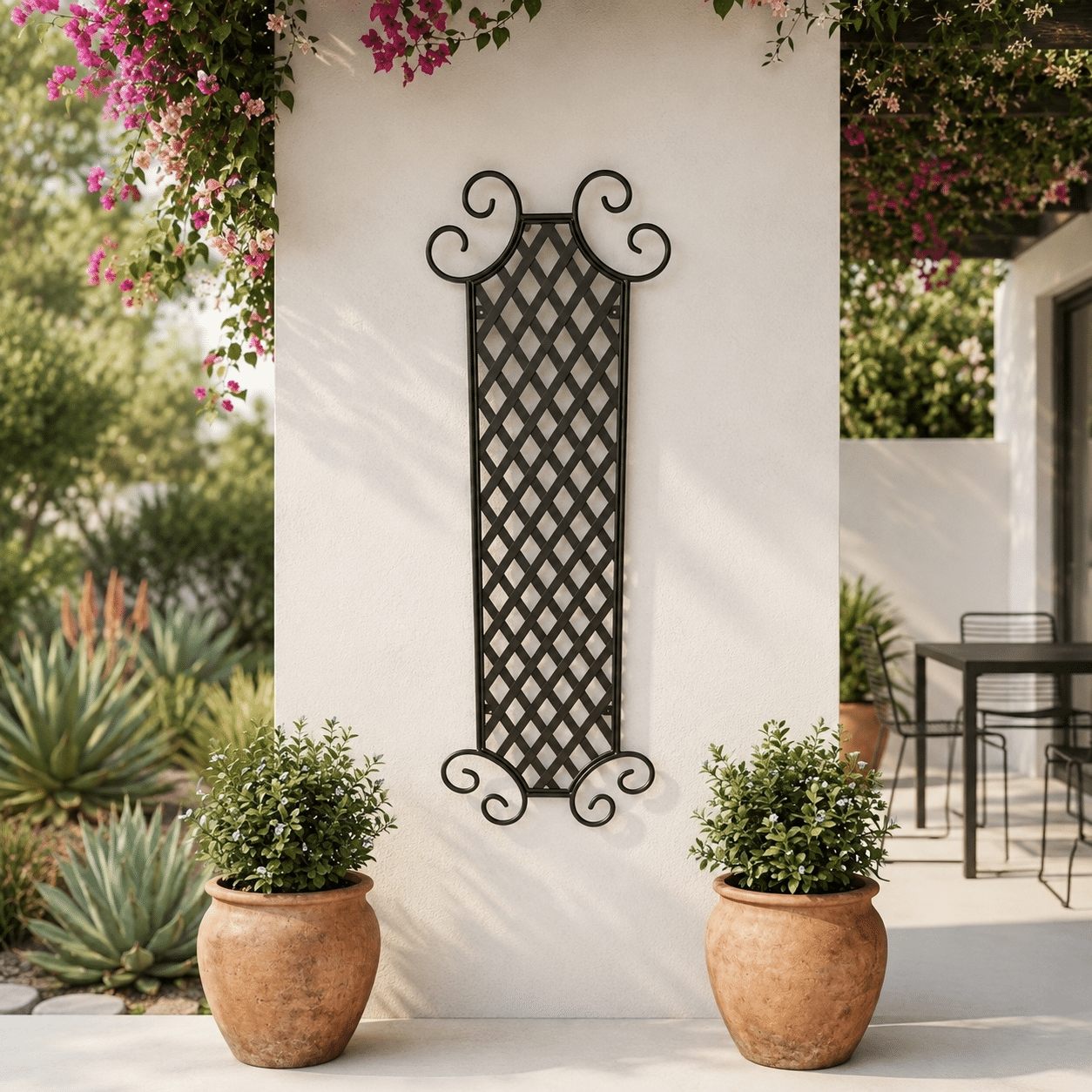 Mediterranean garden with wrought-iron trellis