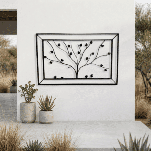 Minimalist patio with floral wrought iron trellis.