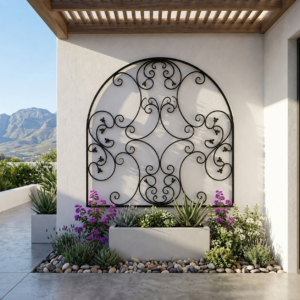 Modern Mediterranean patio with wrought iron trellis and blooms