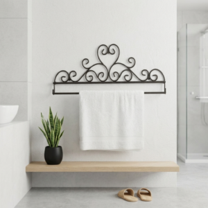Modern bathroom with wrought iron double bar towel rail.