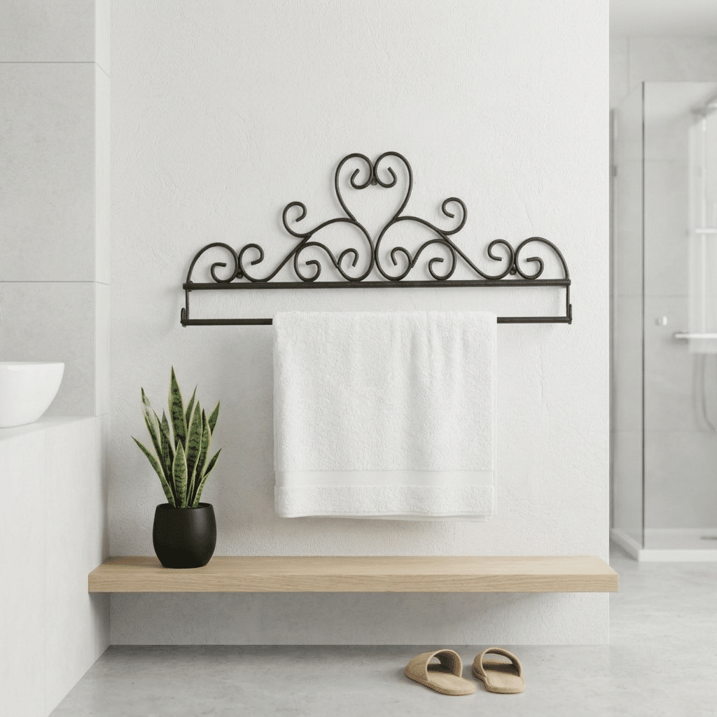 Modern bathroom with wrought iron double bar towel rail.