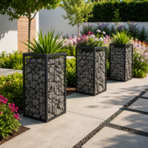 Modern garden with gabion planters in South Africa