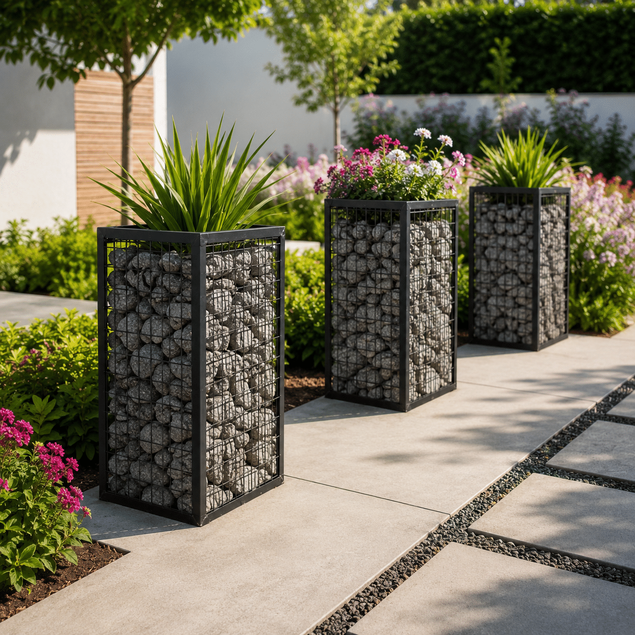 Modern garden with gabion planters in South Africa