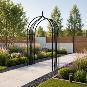 Modern garden with sleek metal arch