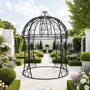 Ornate dutch pergola in formal garden.
