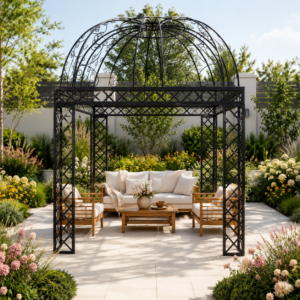 Pergola Lorraine over a relaxing patio set.