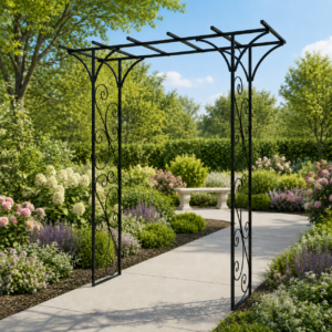 Romantic wrought iron arch over a serene garden path with floral borders