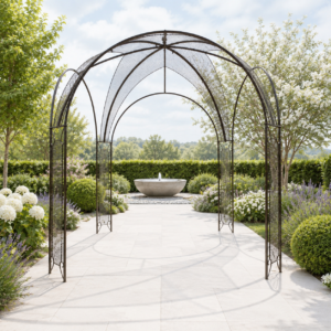 San Marino pergola with mesh in serene South African garden with a fountain.