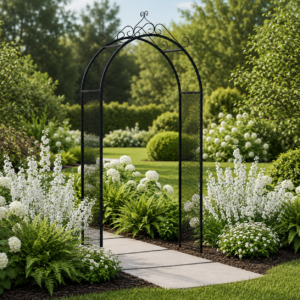 Serene garden archway with blooms