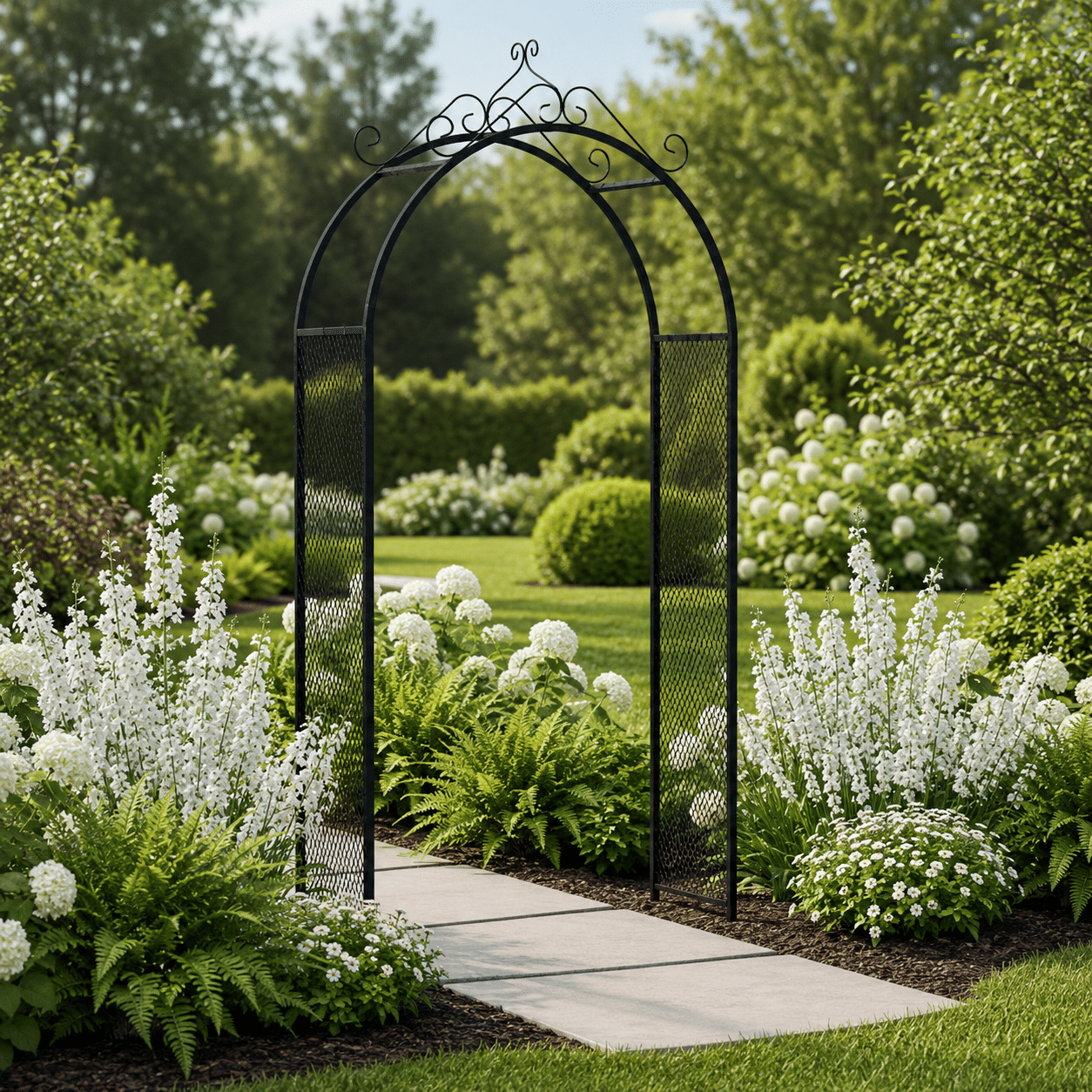 Serene garden archway with blooms