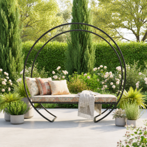 Serene garden patio with cozy wrought iron garden bench