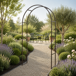 Serene garden view with a classic wrought iron arch