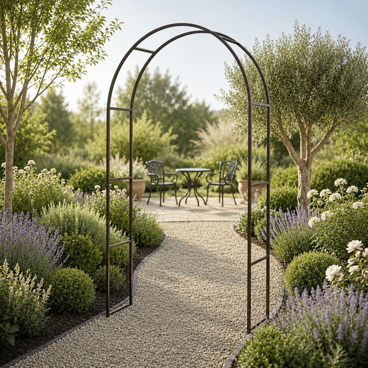 Serene garden view with a classic wrought iron arch