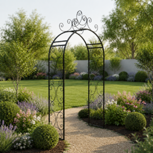 Serene garden with wrought-iron archway