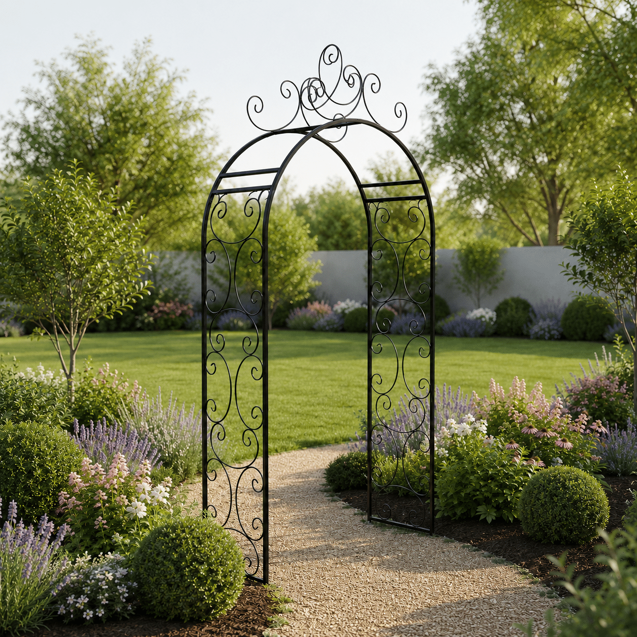 Serene garden with wrought-iron archway