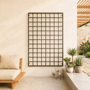 Sunlit Minimalist Patio with Wrought Iron Trellis