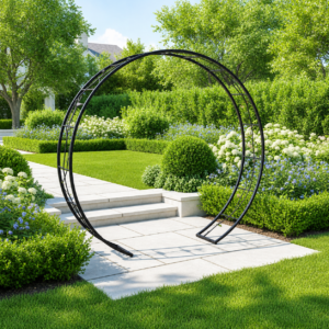 Sunny garden with metal archway with floral detail