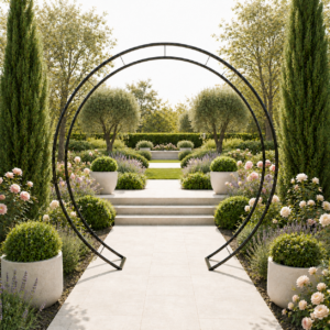 Symmetrical garden path with lush planters with round wrought iron archway