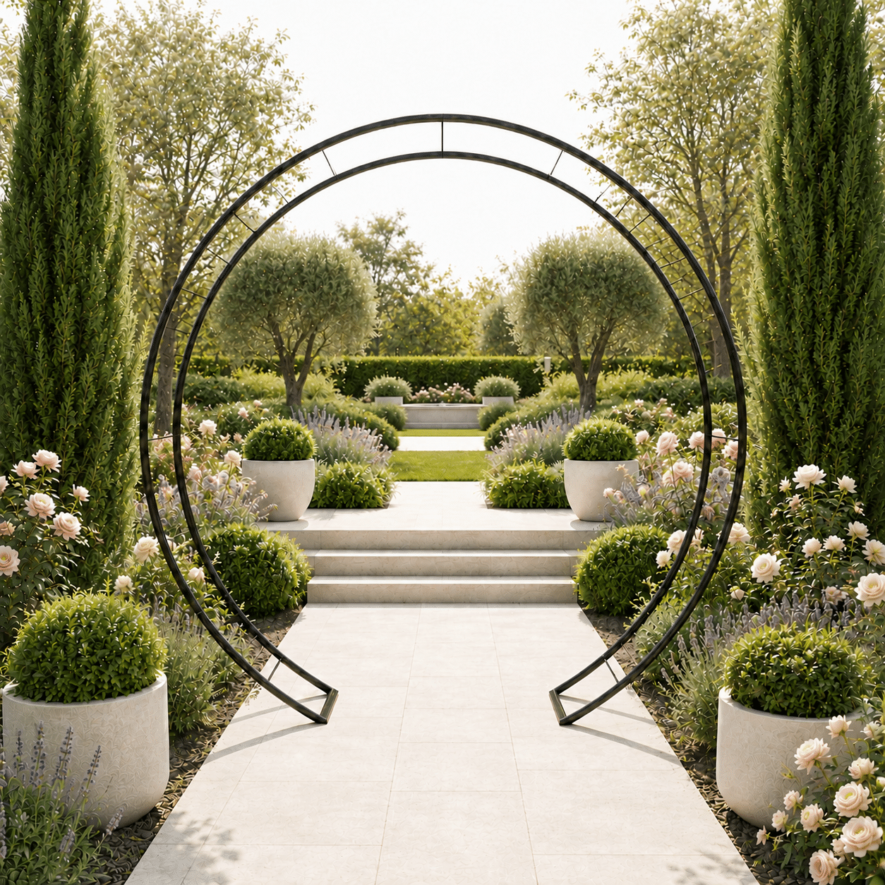Symmetrical garden path with lush planters with round wrought iron archway