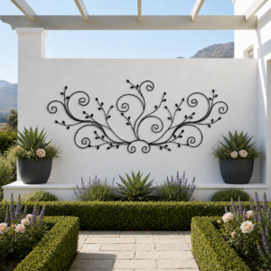 Symmetrical garden with succulents, roses and charming trellis