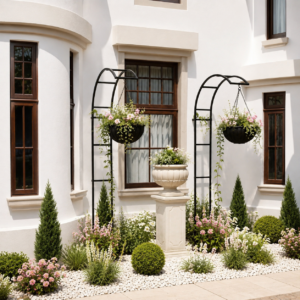 Symmetrical serene garden courtyard with space-saving arches
