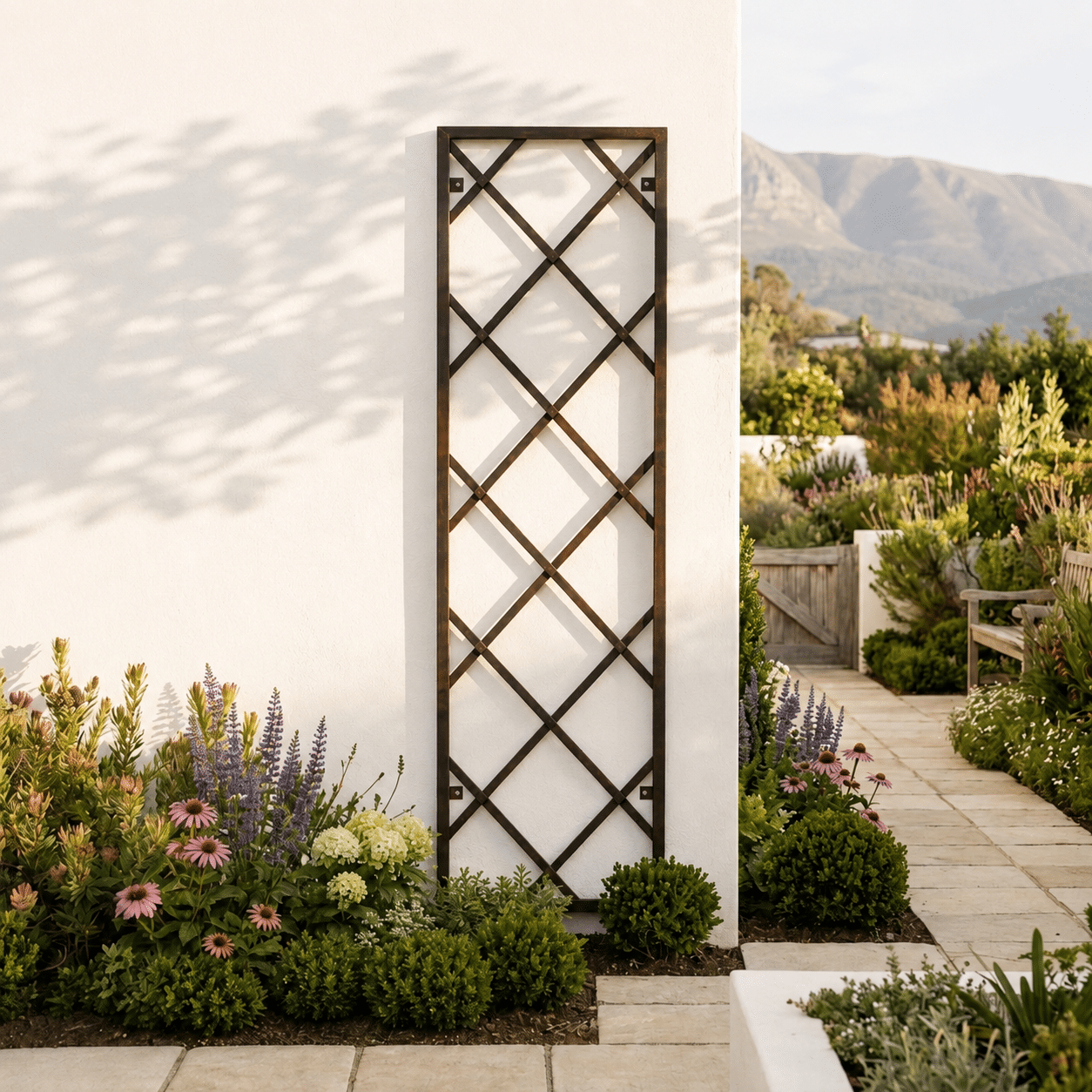 Tranquil South African garden with wrought iron trellis
