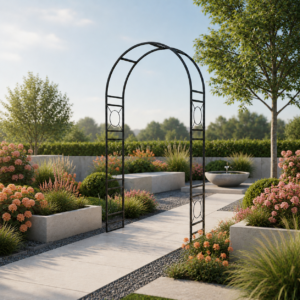 Tranquil garden courtyard with decorative wrought iron arch in South Africa