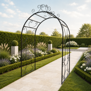 Tranquil garden pathway under wrought-iron arch