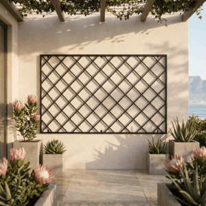 Wrought iron lattice trellis in South African garden