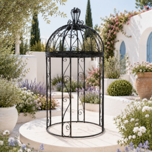 Wrought iron pergola in serene South African courtyard
