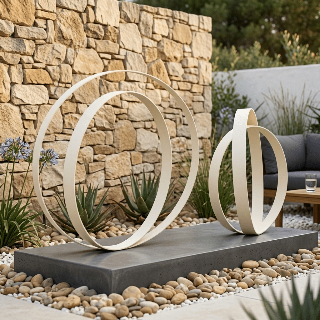 Wrought iron sculptural spheres in rustic garden