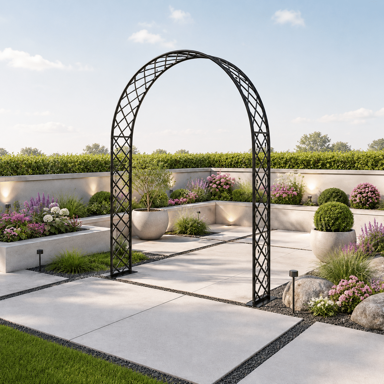 Modern garden courtyard with lattice arch