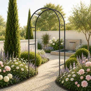 Serene garden pathway with metal arch