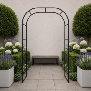Symmetrical garden courtyard with archway