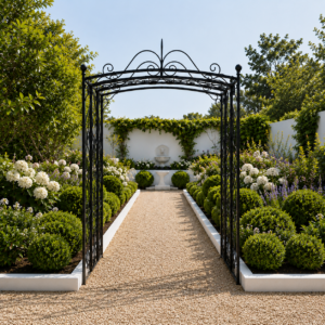 Symmetrical garden path with fountain with elegant wrought iron archway