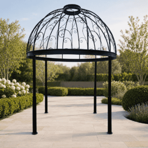 Outdoor garden gazebo frame with decorative metal design, ideal for creating shaded outdoor spaces.