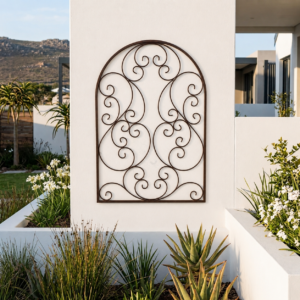 Modern South African courtyard with decorative iron garden trellis.