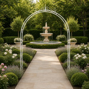Serene garden with fountain and arch