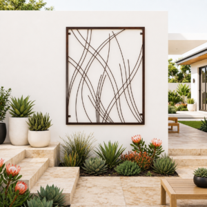 Minimalist garden retreat with boho iron trellis above succulents