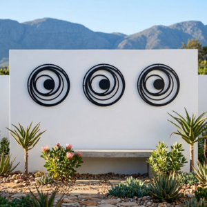 Modern wrought iron cicular wall art in garden.