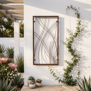 Tranquil garden patio with boho wrought iron bamboo trellis