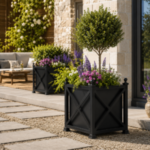 Classic flower pot in modern rustic South African patio setting