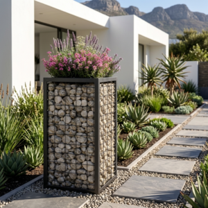 Classic garden path with gabion planters in South Africa