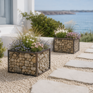Coastal garden with stone planters